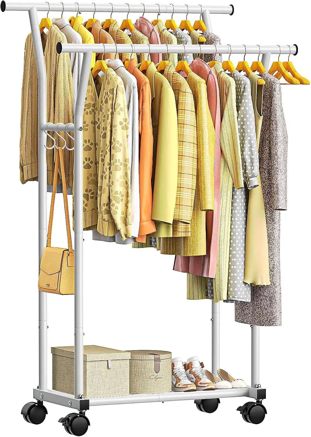 

Double Rods Clothes Rack for Hanging Clothes, Rolling Clothing Rack with Side Hooks, Bottom Shelves, 360° Wheels, Garment Ra