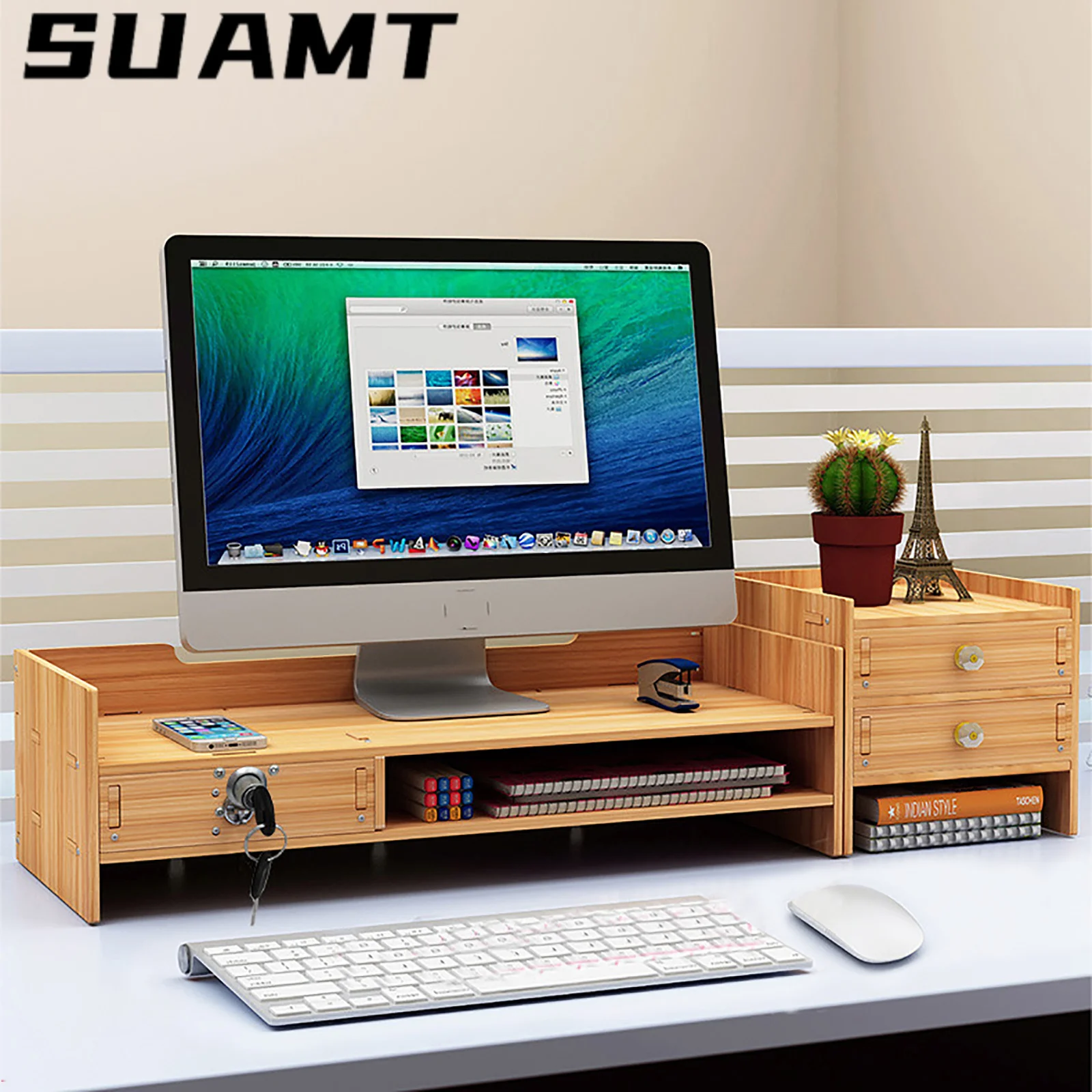 

Wooden Desk Organizer W/ Drawer File Storage Monitor Riser Computer Stand