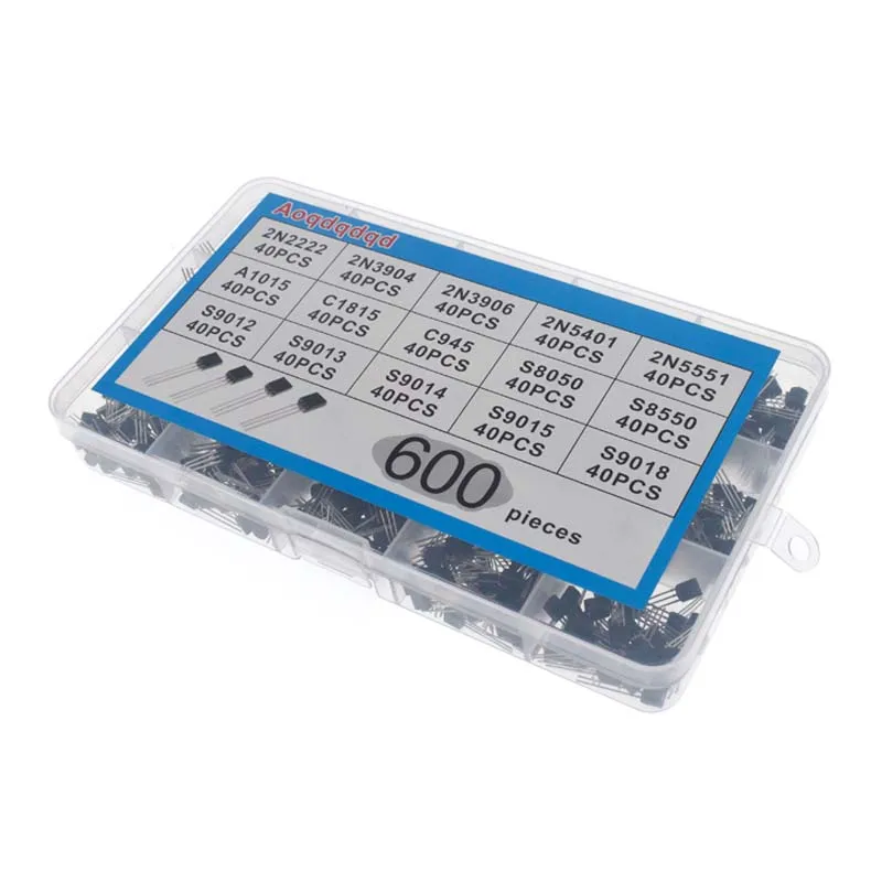 Kit d'assortiment de transistors TO-92, 30-160V, 50-1000mA, NPN PNP 2N2222 2N5551 S9014 C945 S9018 S8050, 600 pièces, 15 valeurs x 40 pièces