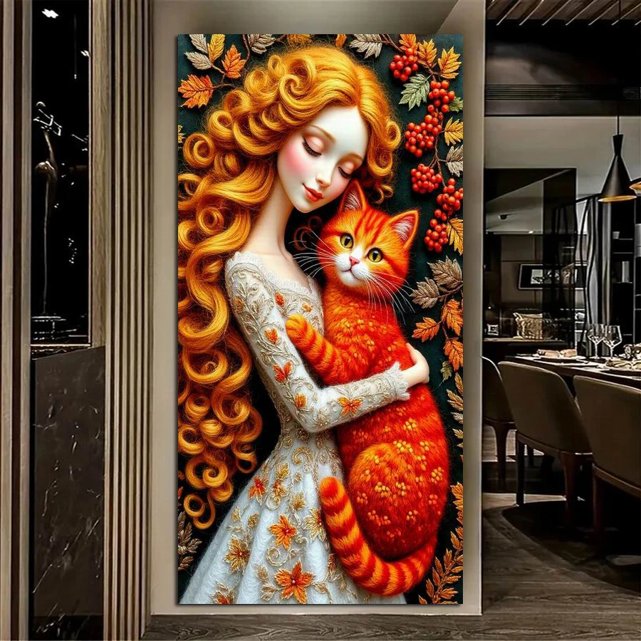 

Cartoon Girl Red Cat Picture Large Size Diy Diamond Art Painting Set Animals Full Square Round Drill Mosaic Embroidery Kits