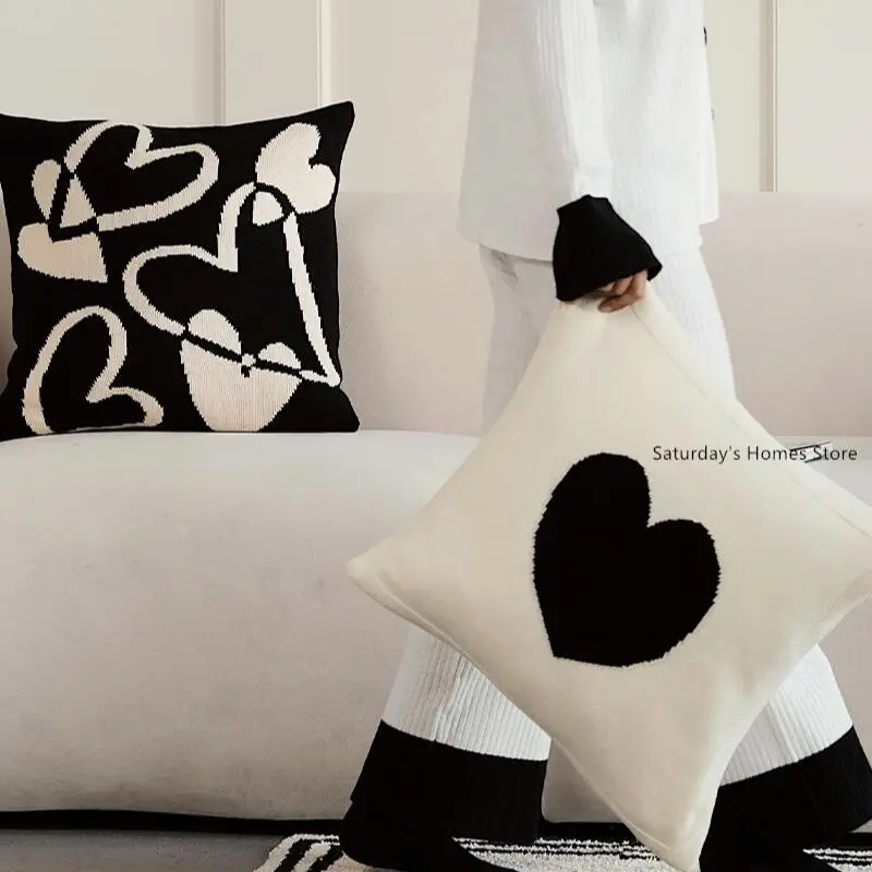 Cute Heart Black & White Knitted Cotton Pillow Case Cushion Cover  Sofa Throw Pillow Cover Pillowcase Cushion for Sofa Bed Decor