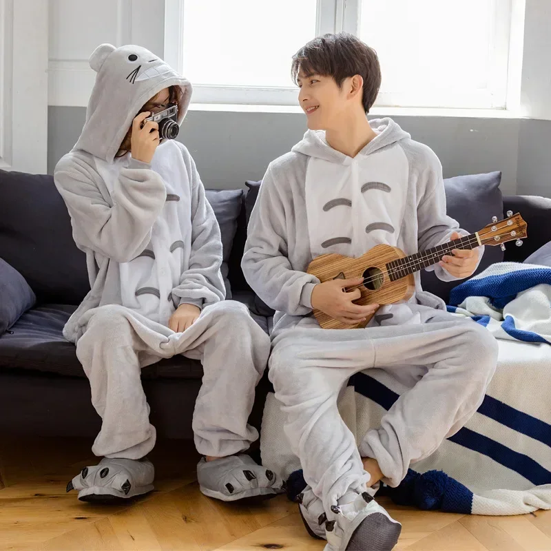 Adults Totoro Onesies Pajamas Set Cartoon Animal Winter Fleece Onesies Women Men Hooded Sleepwear Halloween Costume Homewear