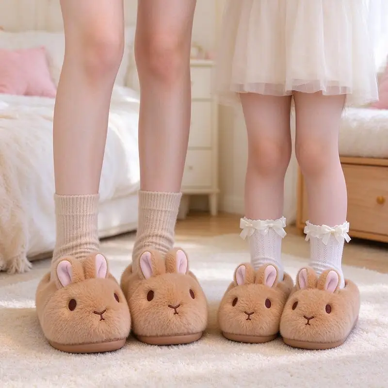 Lovely Rabbit Fluffy Fur Indoor Slippers Children Winter 2026 Warm Plush Non Slip Home Slippers Cute Furry Parent Child Shoes