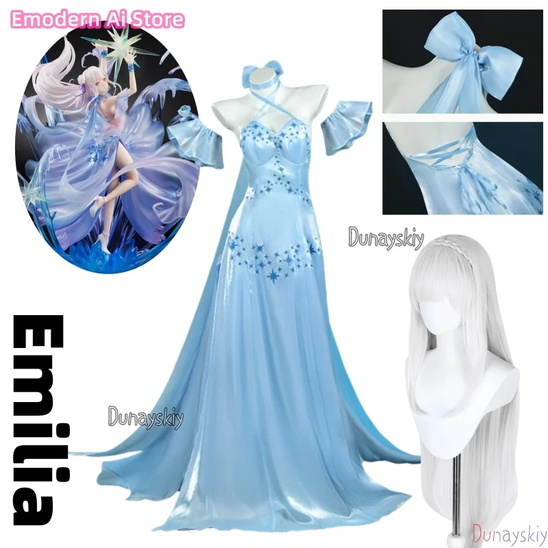 

Новогодний костюм Эмилии: хрустальное платье, светло-голубое, с узором в виде звезд и роз, полный комплект в стиле эльфа для косплея на Comic Con