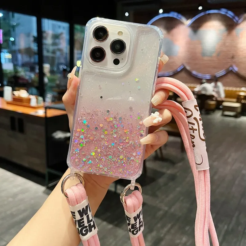 Crossbody Luxury Case For iPhone 15 14 12 11 Pro Max 13 Mini XR X XS 7 8 Plus Strap Lanyard Acrylic Glitter Shockproof Cover