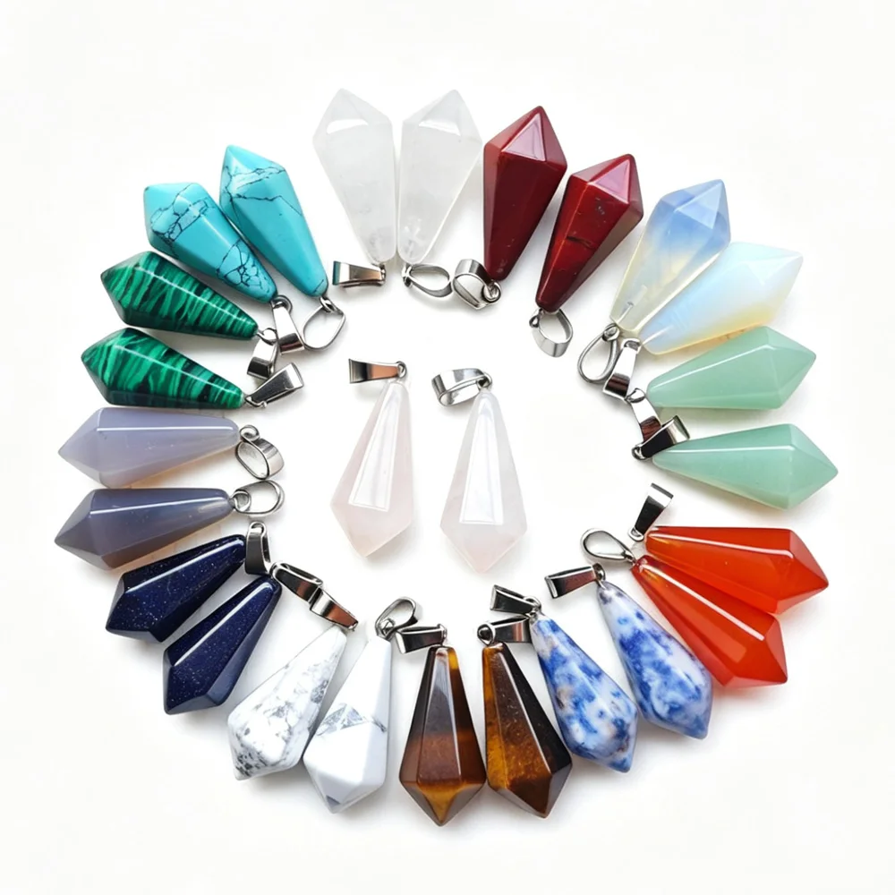 24Pcs Mix Natural Stone Crystal Agate Opal  Hexagonal pyramid pendants Diy Necklaces jewelry Making Wholesale Free shipping