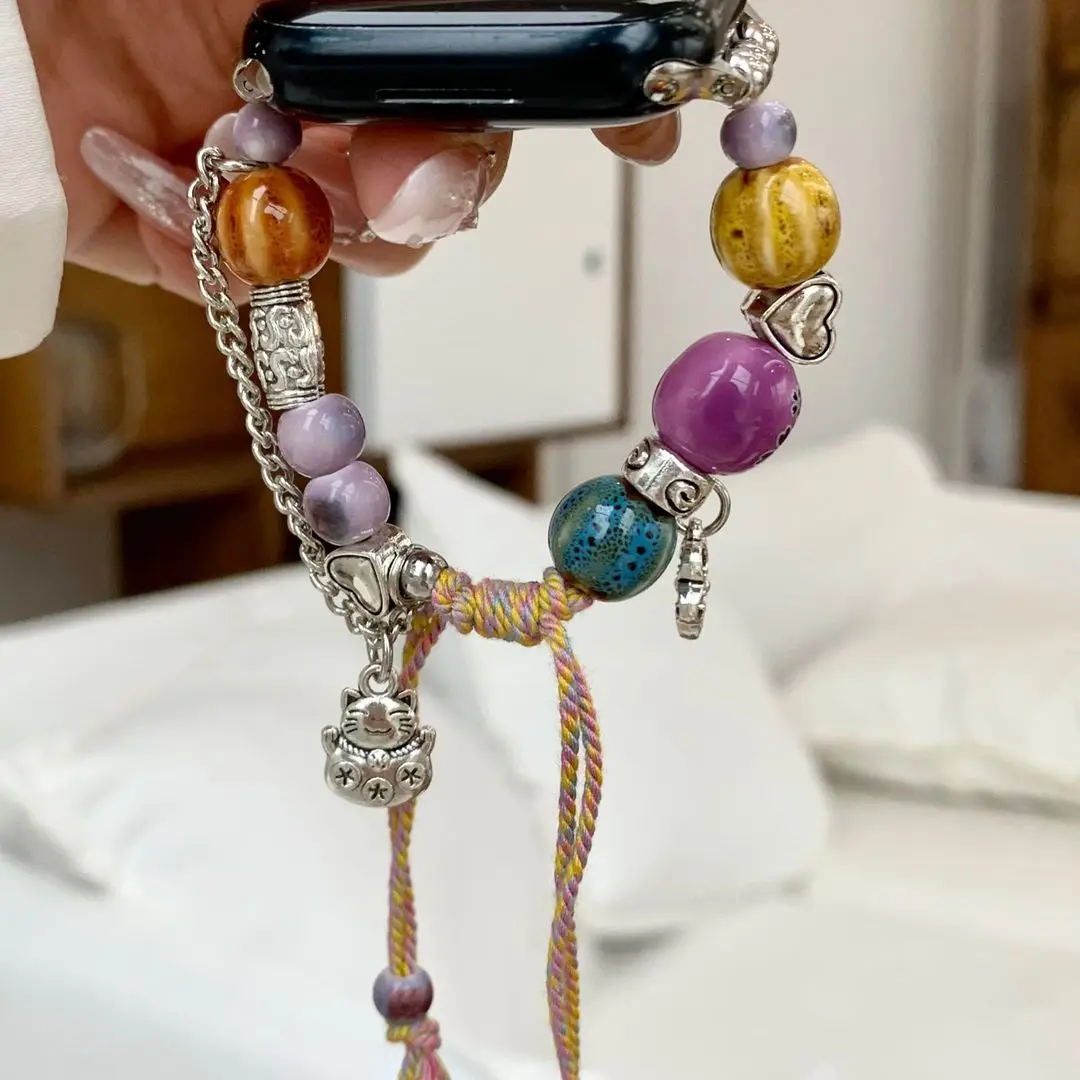 Bohemian bead bracelet compatible with iWatch strap 38mm 40mm 41mm 42mm 44mm 45mm 49mm for women, fashionable handmade elastic s