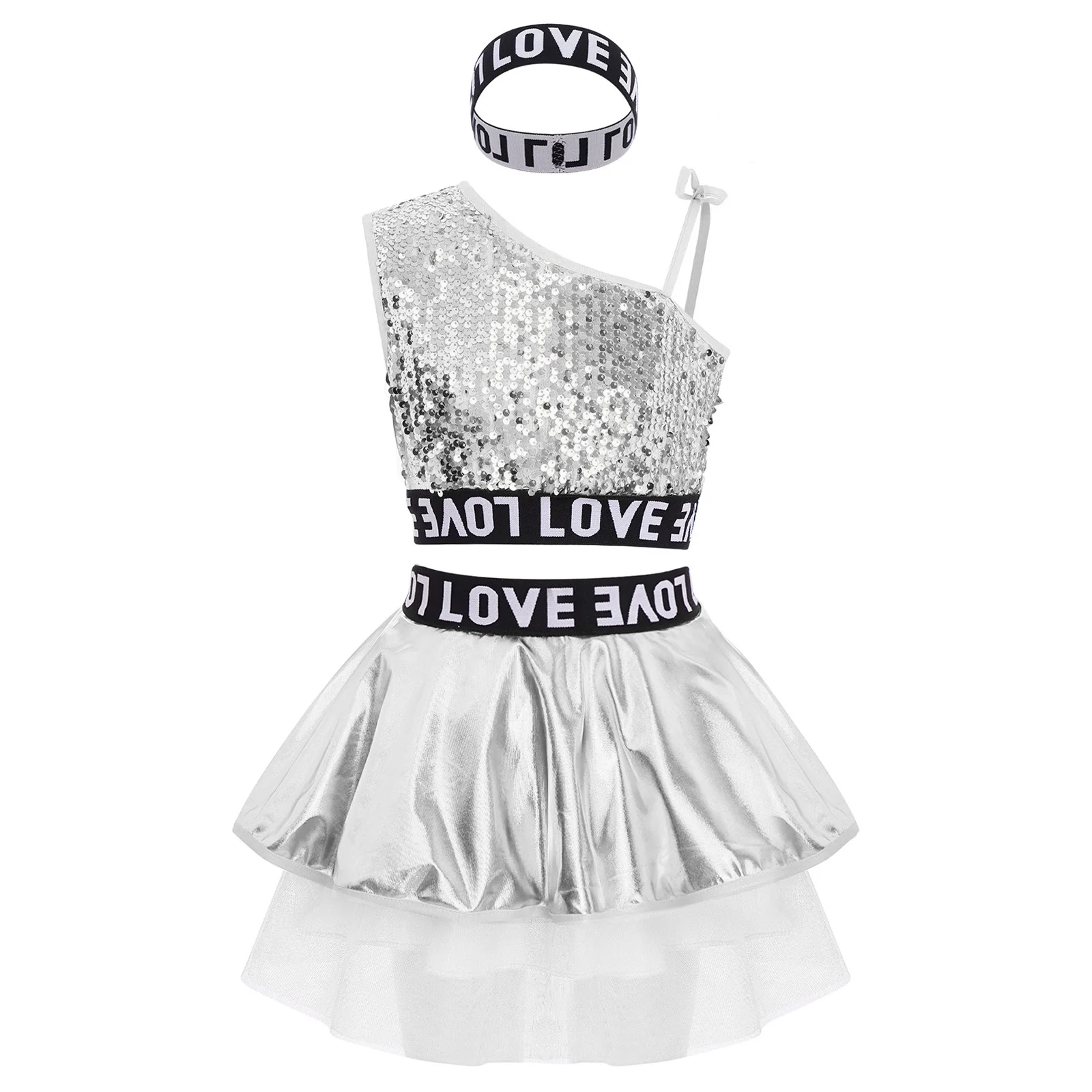 

Kids Girls Hip-Hop Jazz Dance Costume 3-Pieces Shiny Sequins Sleeveless Vest Top+Metallic Tutu Skirt+Letter Printed Hairband Set