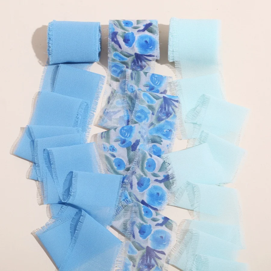 Mischen Sie 3 Rollen, 5 m, bedruckte Blumen, ausgefranstem Satin, handgefertigtes Chiffonband für Hochzeitseinladung, Blumenstrauß, Geburtsparty, DIY, Dezember, Geschenk – Detail 6