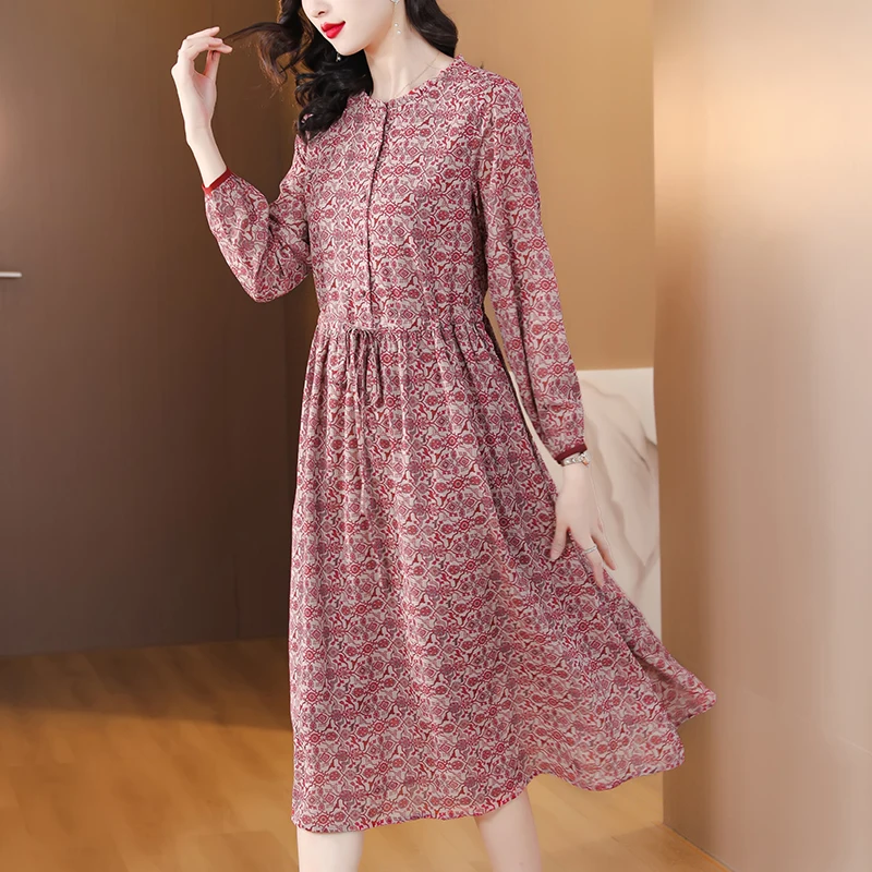 Autumn High End Luxury Georgette Printed Dress For Women 2023 Round Neck Long Sleeve Loose Fit Casual Vacation Party Vestidos