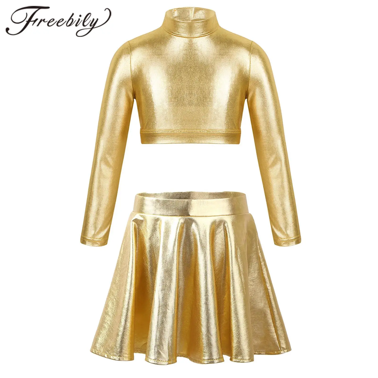 Kids Hiphop Kleding Sets Kinderen Meisjes Jazz Dance Kostuum Twee Stukken Metallic Crop Top Rokken Performance Dancewear Outfits