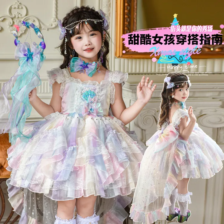 

Summer Multicolor baby girls Backless Lolita Ball Gown Dress kid Princess Birthday Party dresses Child Performance Clothing 3-11