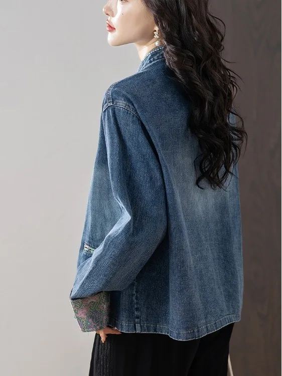 Nouveau chinois Sle rétro Denim Jaet femmes automne Faionable polyvalent irt haut haut de gamme sensation longue fermeture à bouton Sve