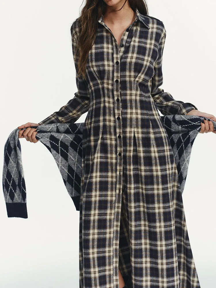 

Новинка зимы 2025: Модное плиссированное платье миди в клетку с длинным рукавом для повседневной носки, из других материалов.