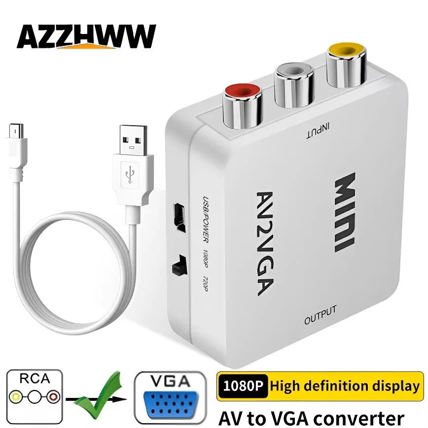 

RCA to VGA Video Converter 1080P Mini AV to VGA Adapter Composite TV Set-Top Box Audio Video Converter For VCD DVD TV Projector