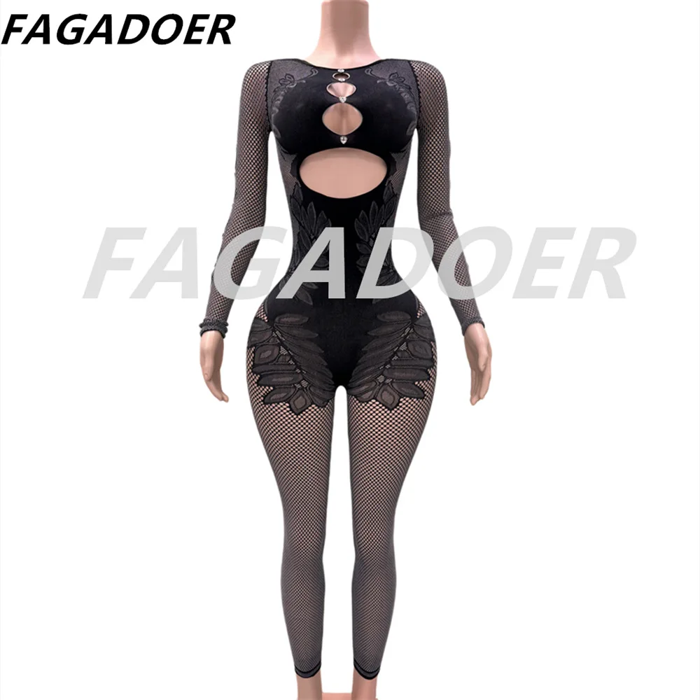 FAGADOER Fashion Thick Lace Elasticity Bodycon Jumpsuits Women Long Sleeve See Through One Pieces Rompers Female Slim Clubwear