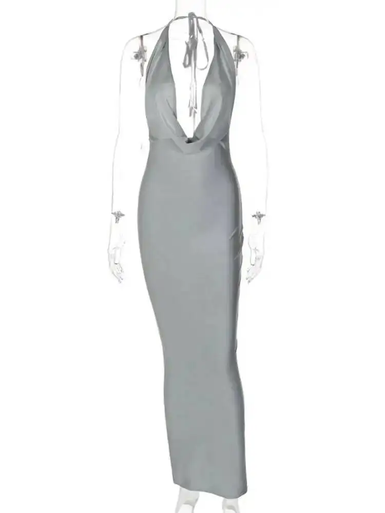 가을 여성용 홀터 백리스 미디 드레스, 여성용 바디콘 섹시 파티 우아한 의상, 저녁 생일 의류