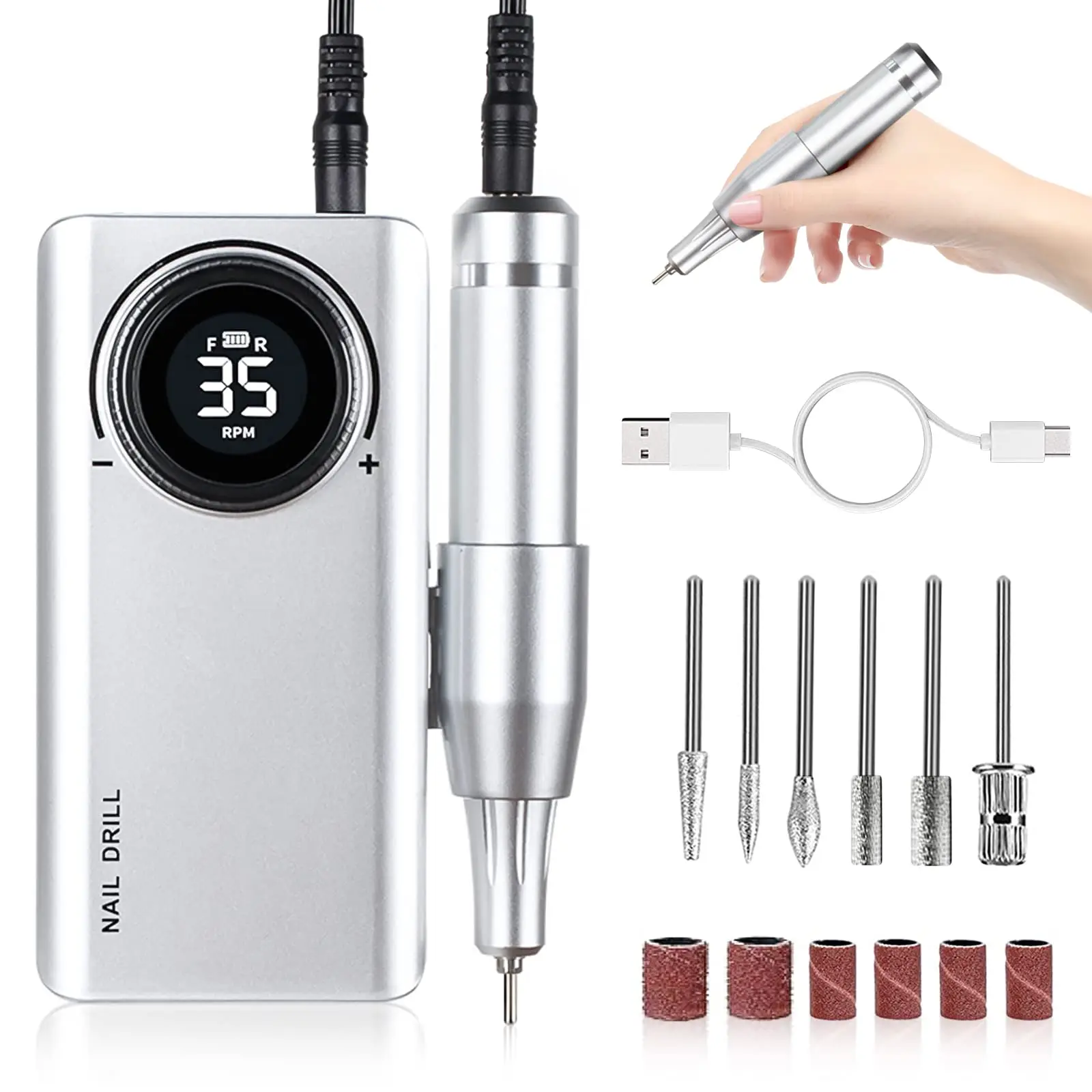 Professional Electric Nail Drill Machine Portable Rechargeable for Acrylic Gel Nails Manicure Pedicure Polishing Shape Tools