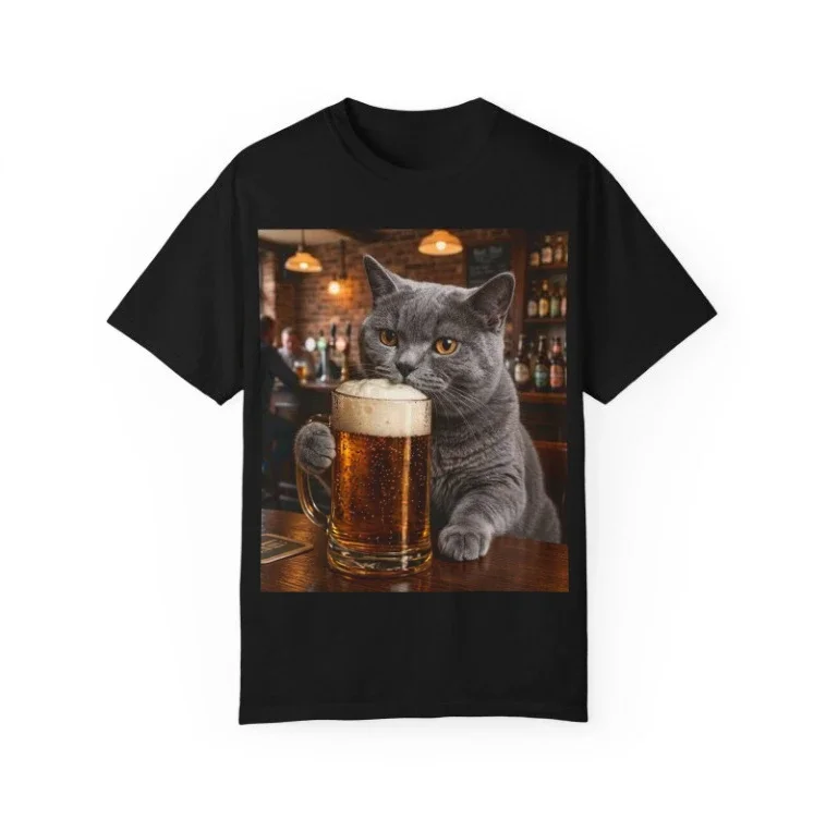 Funny Cat Drinking Beer Bar Short Sleeves T-Shirt Cool Aesthetic Cat Lover Funny Pub Casual Streetwear Graphic Tee Top Kawaii