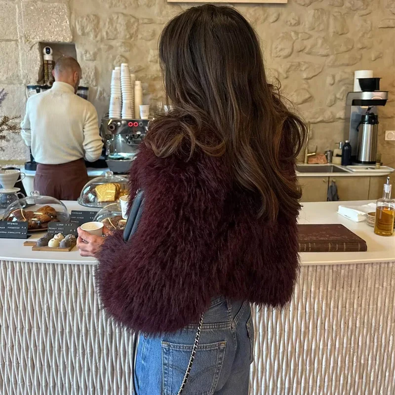 2024 New Wine Red Color Women Cropped Faux Fur Jacket Open Front Fur Coat Lapel Collar Casual Fluffy Fur Outerwear Plush Parka