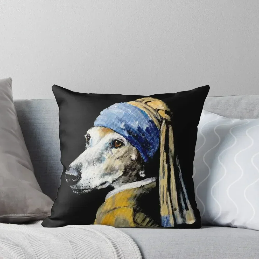 Galgo with a Pearl Earring, Brindle Greyhound Vermeer Art Throw Throw Pillow Sofas Covers Room decorating items pillow