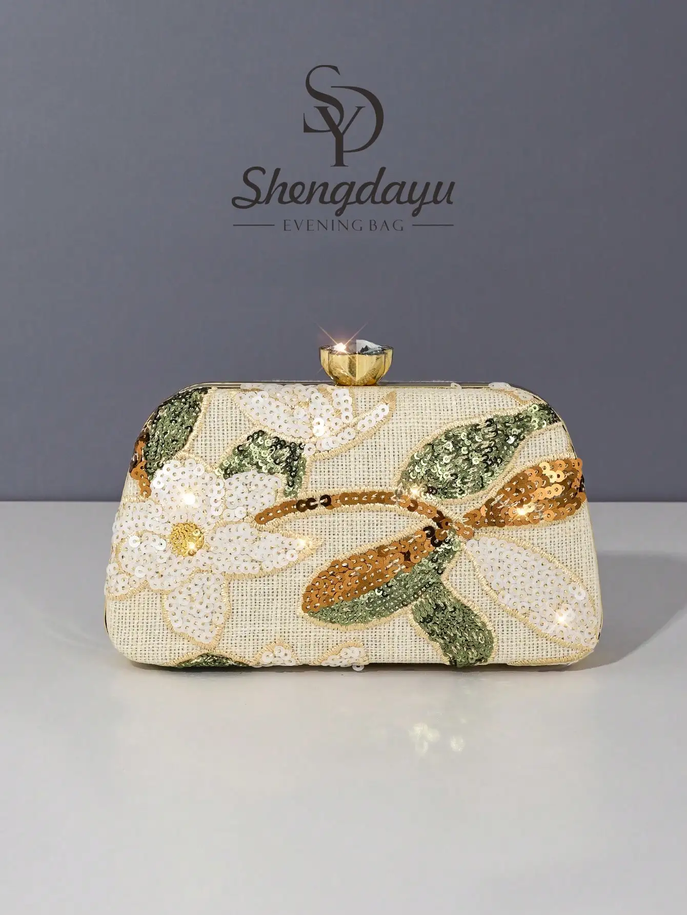 

Champagne Sequin Floral Embroidered Clutch Evening Bag for Women
