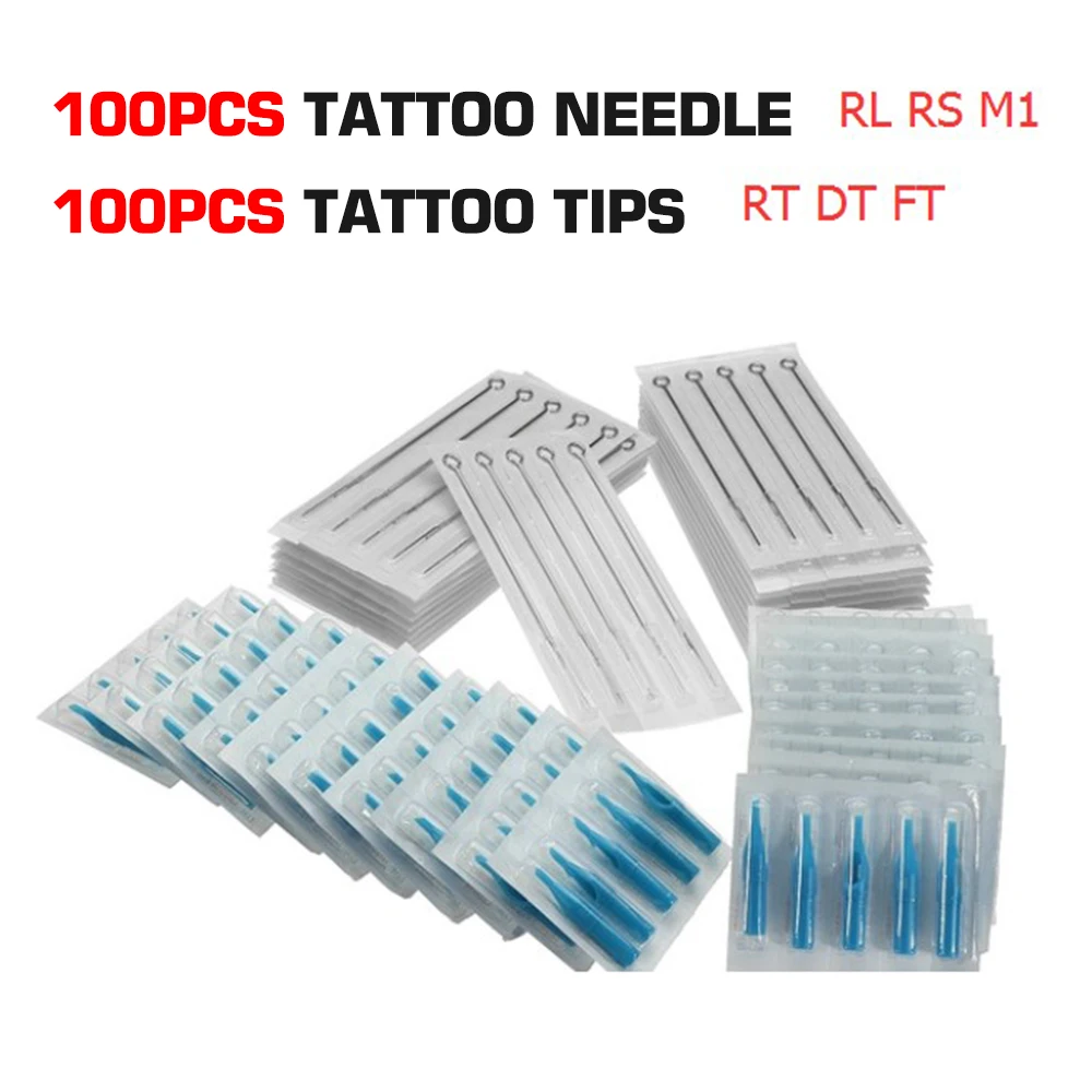 100PCS Assorted Disposable Sterilized Tattoo Needles RL RS Needles +100PCS Plastic Tattoo Nozzle Tips Set RT FT FT Mixed Tattoo