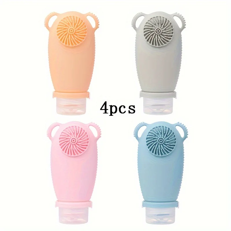 

4pcs Travel Size Dispenser Bottles With Brush, Silicone Refillable Containers For Cosmetics, Shampoo, Lotion - Portable Squeeze