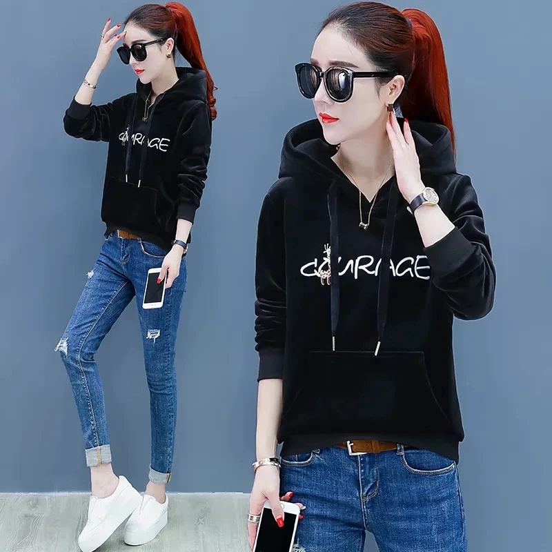 Women\'s Hooded Embroidery Sweatshirt 2023 Autumn Winter New Add Velvet Thickened Warm Top Lady Short Loose Coat 4XL