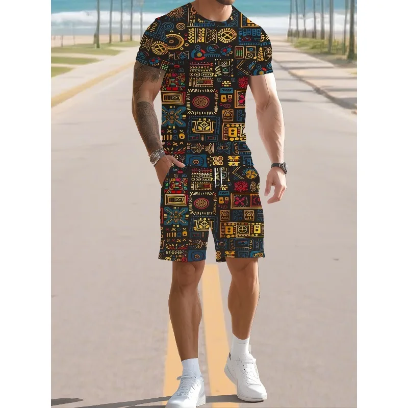 2025 New Trend Casual T-shirt 3D Digital Printed Short Sleeve Shorts Set Summer Essential Creative Retro Men's Fashion