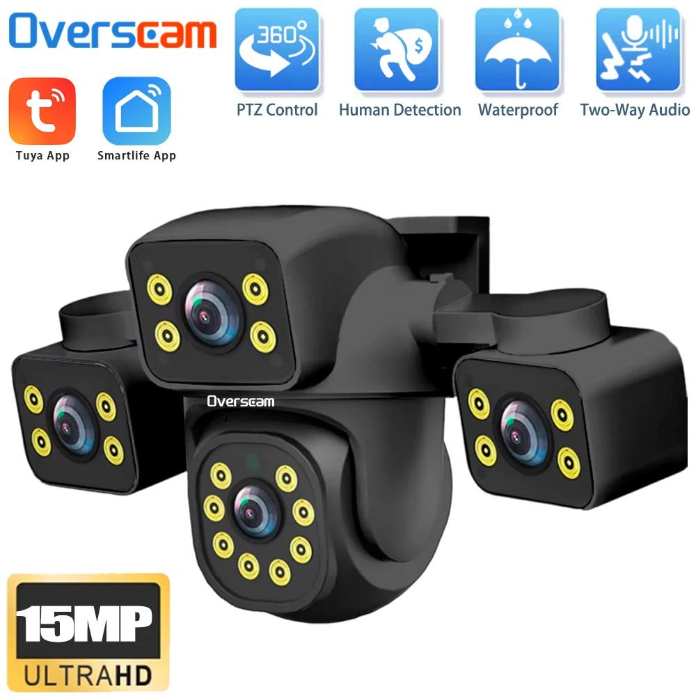 

Overscam WiFi Outdoor Security15MP Three Lens 360 PTZ Camera Auto Tracking 2.4GHz Tuya Smart Person Detection Color Night Vision