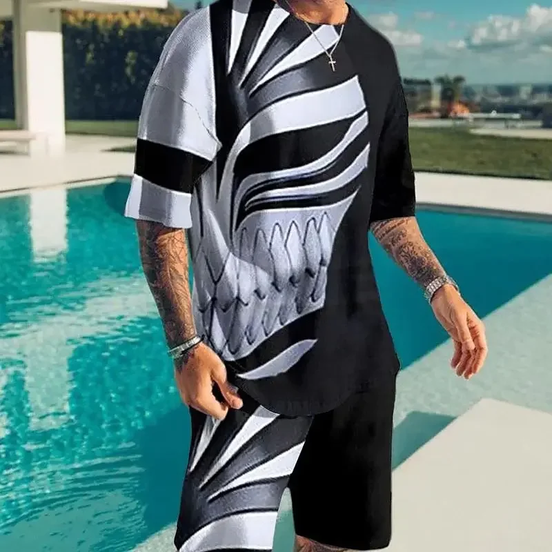 2025 3D Printed Fashionable Outdoor Leisure Sports T-shirt Shorts Summer Men's Two-piece Loose Round Neck Elastic Waist Set