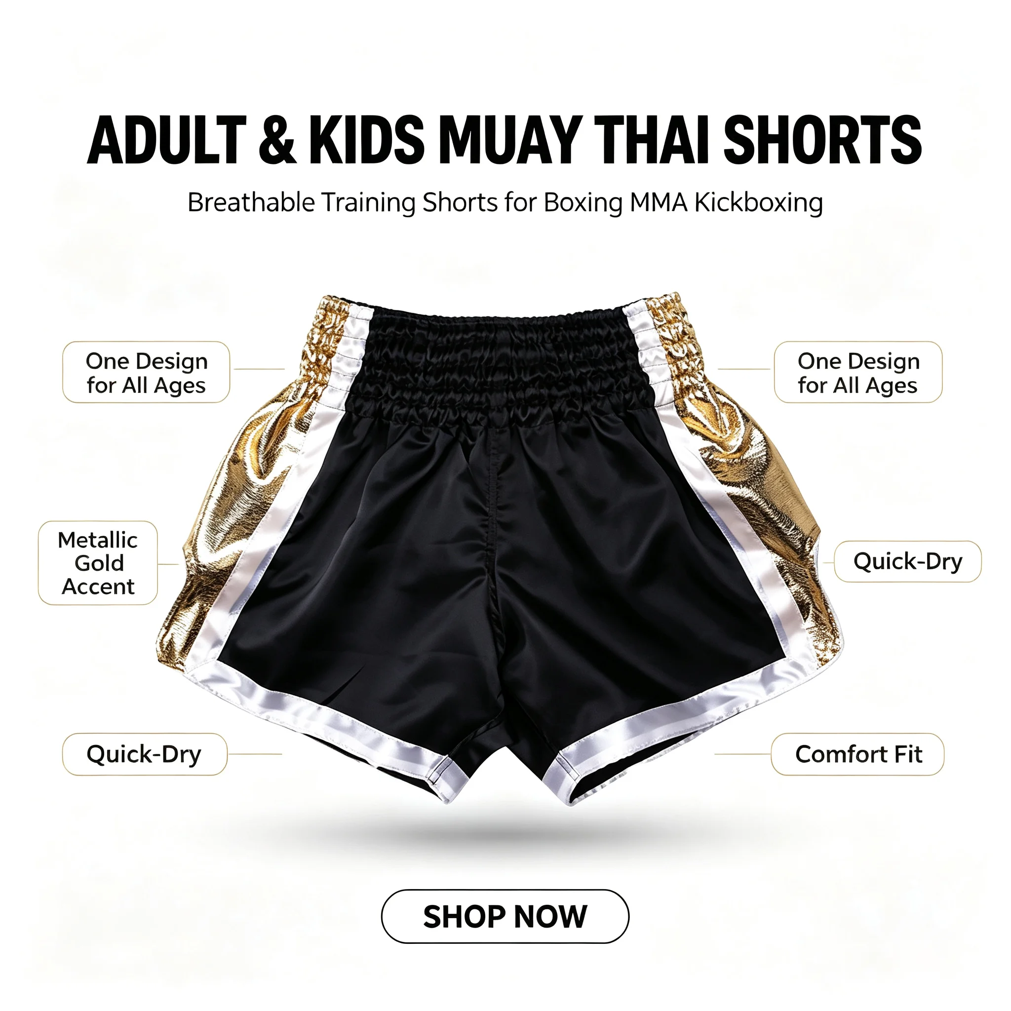 Muay Thai Shorts Metallic Gold Schwarz Boxshorts Einfarbiger Satin Kampfsport Sparring Käfigkampf Kickboxhose
