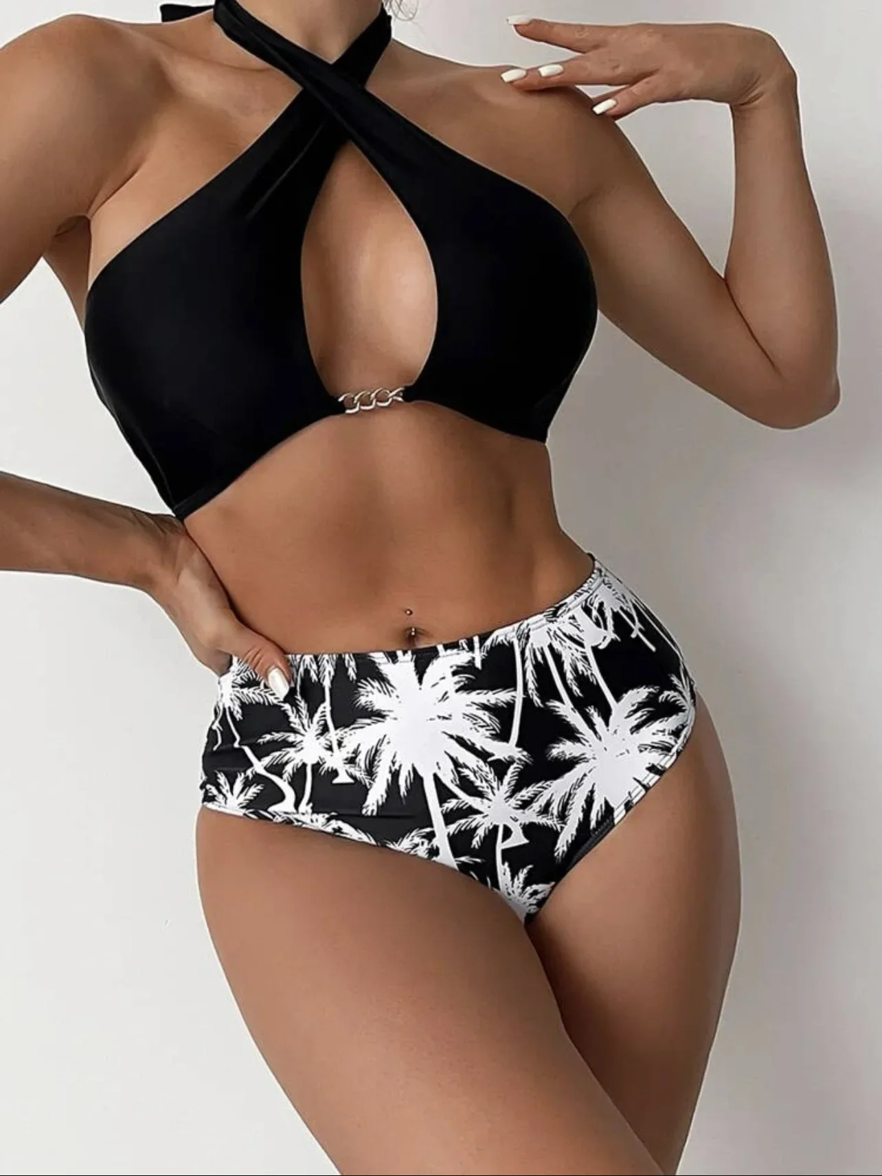 

Sexy printed backless bikini set, high waist push up women's swimsuit, backless swimsuit, summer beachwear