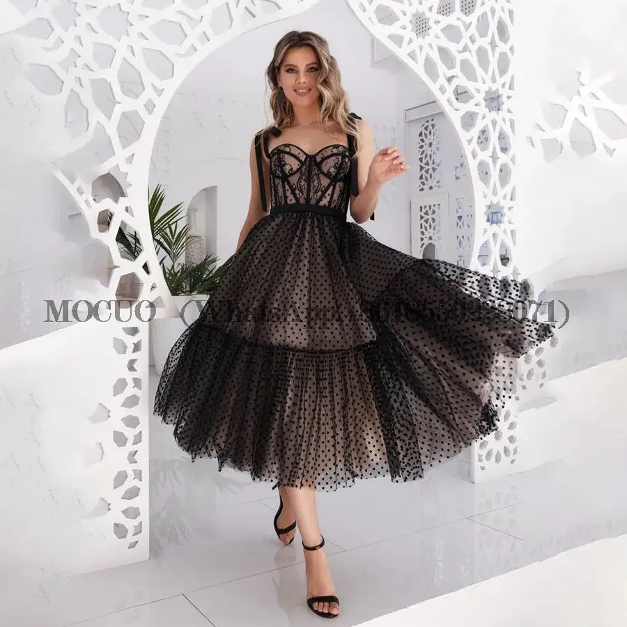 Black Polka Dots Tulle Open Back Prom Dress Women Mondern Bow Straps Lace Sweetheart A Line Evening Party Gown Tea Length