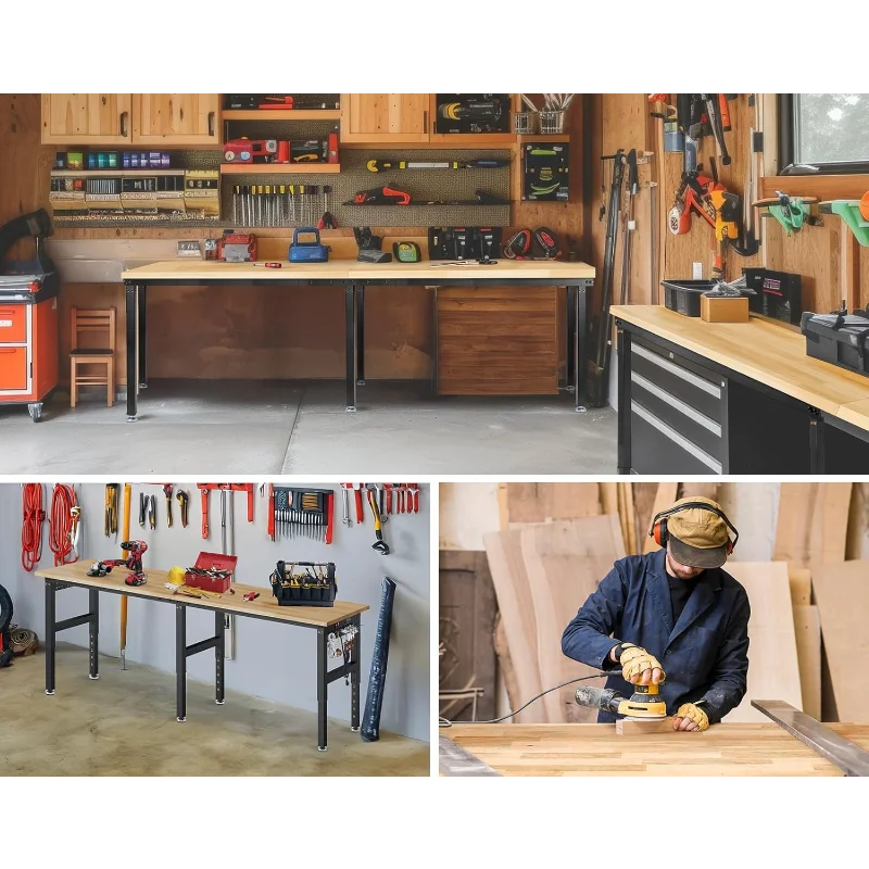 96”Adjustable Work Bench, 5000 LBS Capacity Heavy Duty Workbench with Power Outlet & Pegboard, Rubber Wood Work Table