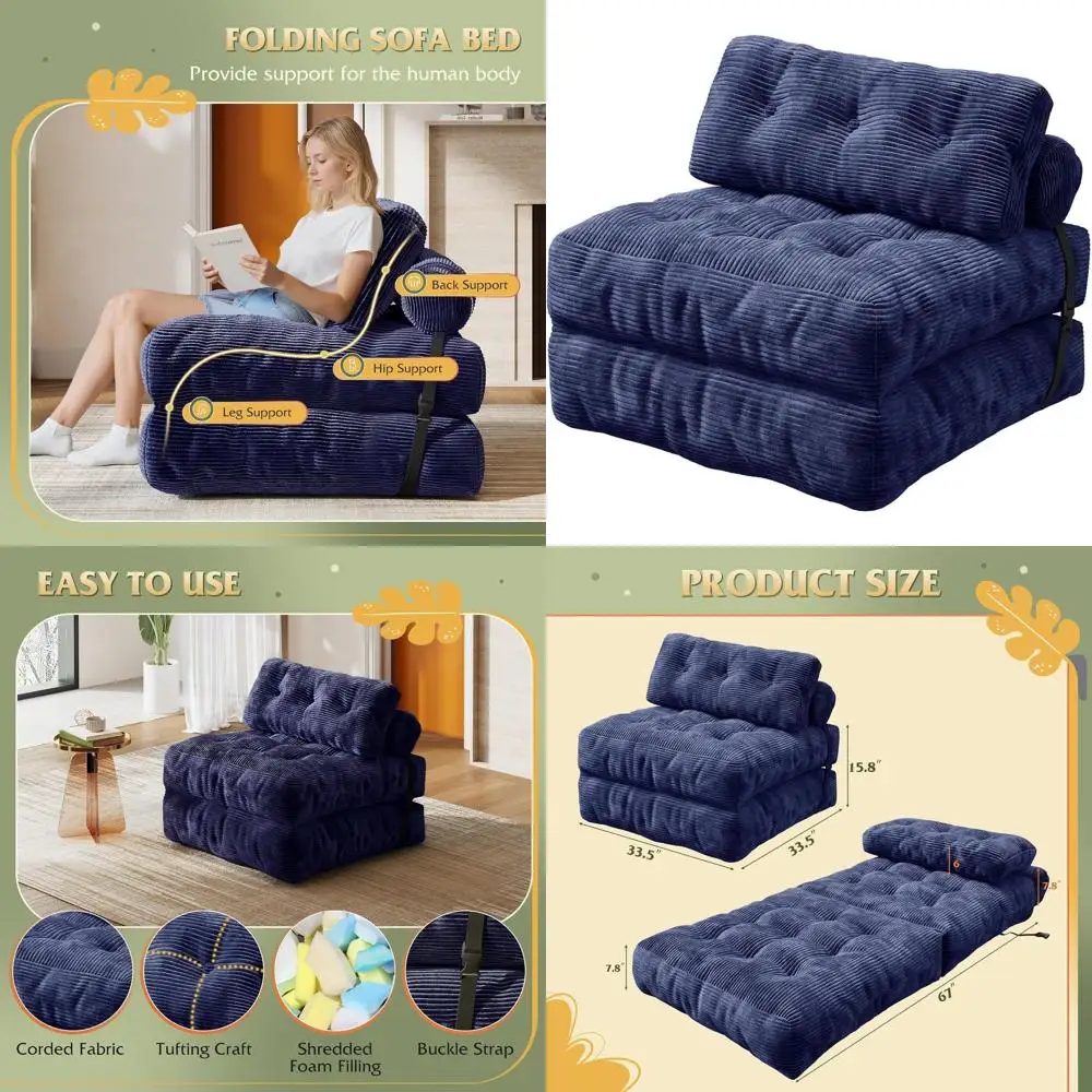 

Navy Blue Adult Sofa Bed with Pull-Out Couch, Bean Bag Chair Option, Ideal for Living Rooms and Dorms