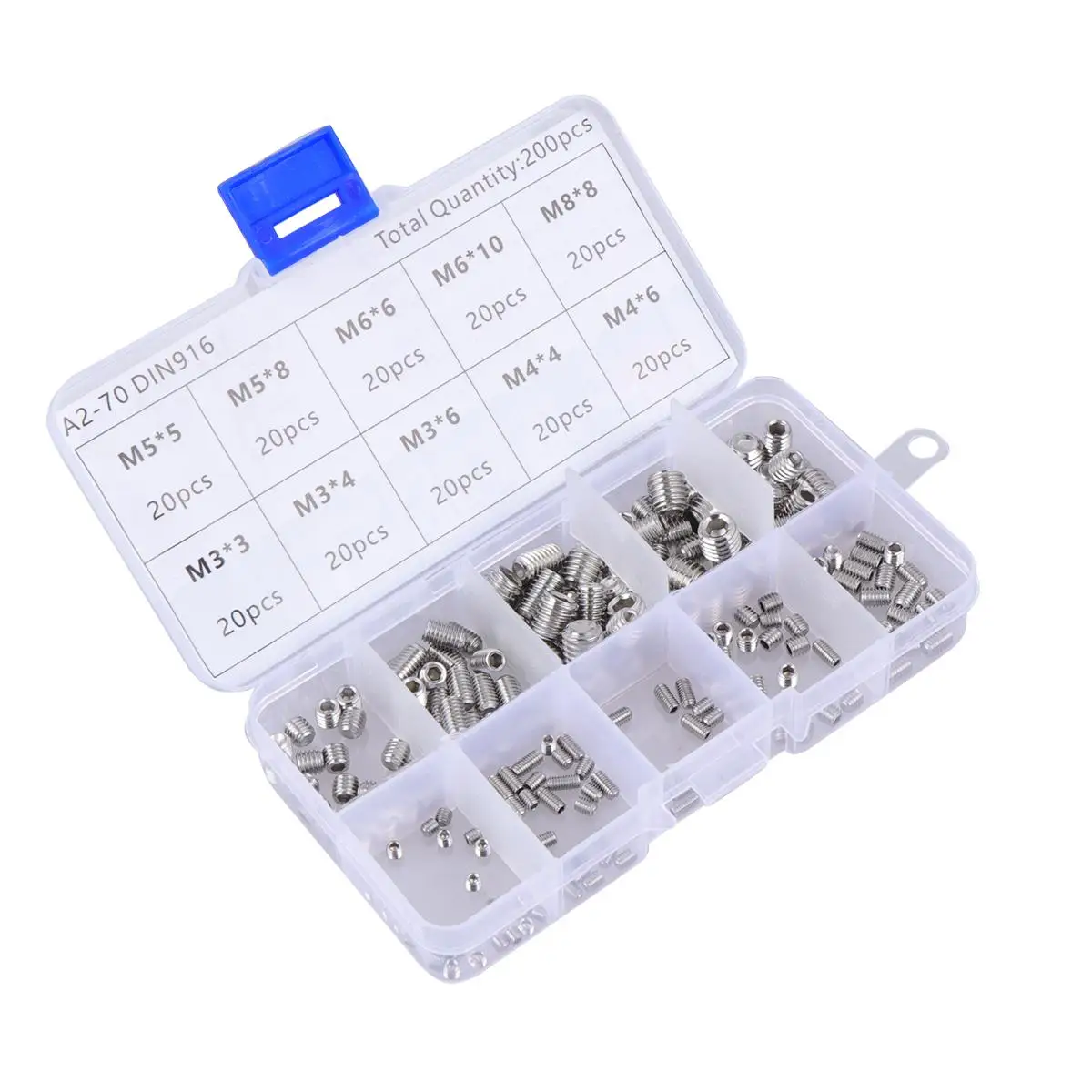 200 pçs parafuso de aperto hexagonal serrilhado copo ponto conjunto grub soquete plano aço inoxidável hexágono rosca sem cabeça encaixotado