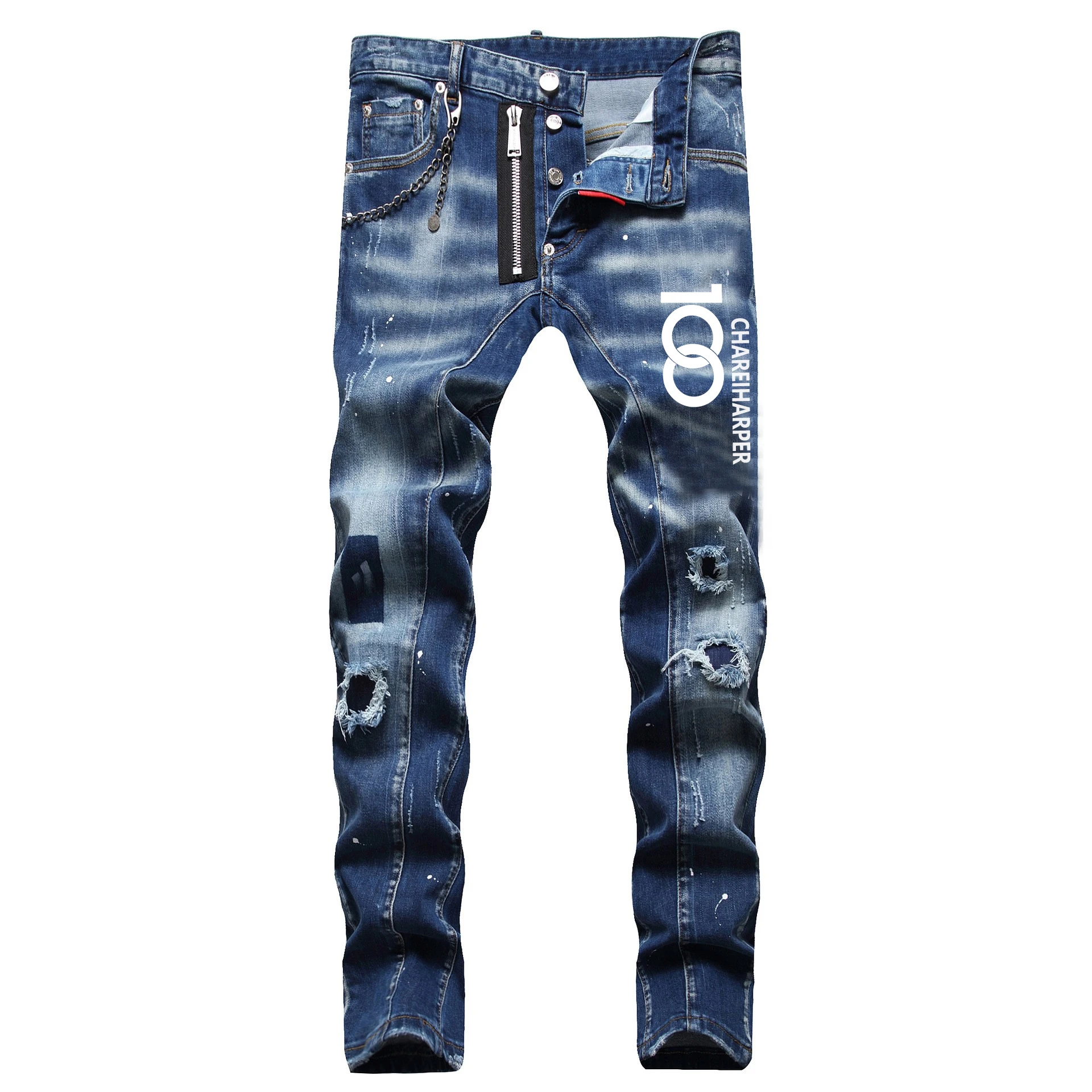 chareiharper 100 092 plus size Blue men's jeans personality trend print slim slim feet mid-waist pants men