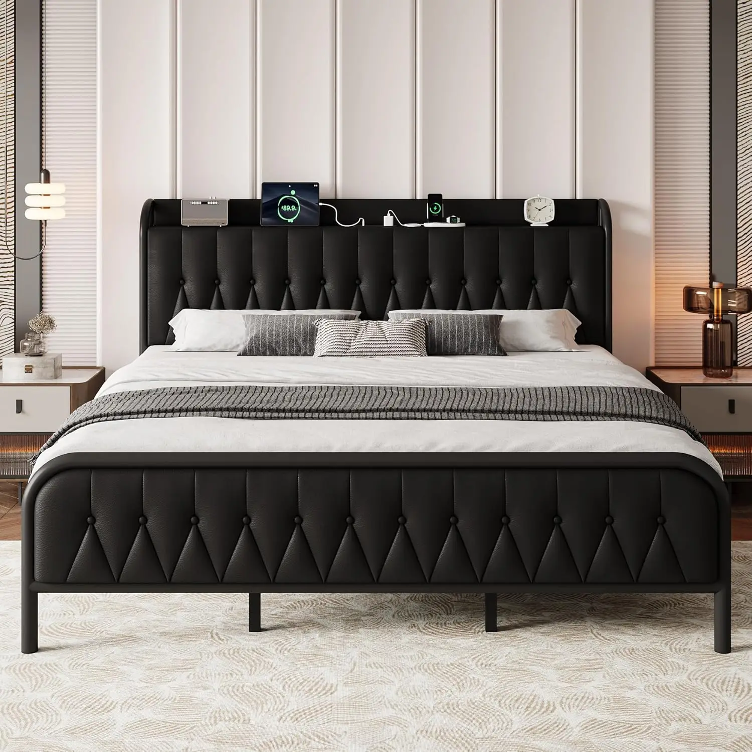 

Metal Bed Frame Queen Size with Charging Station, Velvet Upholstered Headboard and Footboard, Heavy Duty Steel Support,