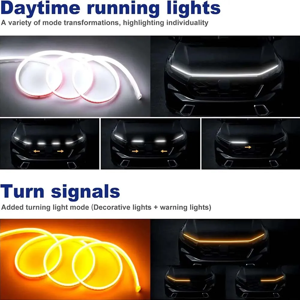 Dynamic LED Daytime Running Light Strip para carro, Universal Auto Farol Strips, 12V, Amarelo, Branco, Scan, Hood, Luz Decorativa