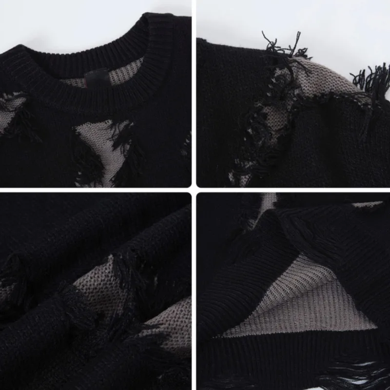 เสื้อสเวตเตอร์สไตล์อเมริกันแนวสตรีท ดีไซน์ขาดๆ แต่งผ้าปะติด สำหรับผู้ชาย ขอบรุ่ย ดีไซน์ฤดูใบไม้ร่วง-ฤดูหนาว แฟชั่นคู่รัก รุ่น 21156