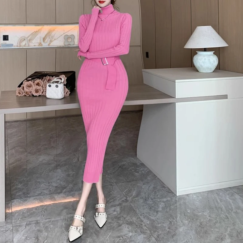 YuooMuoo Chic Fashion Sexy Package Hips Maxi Dress 2024 Jesienno-zimowa sukienka swetrowa z golfem i paskiem Lady Outfits Vestidos — zdjęcie 5