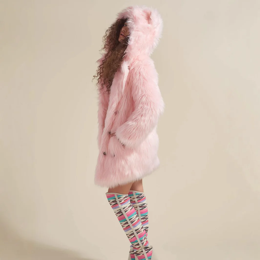 KIDCRKJ الشتاء النساء فو الثعلب الفراء سترة الوردي منتصف طول الأذن مقنعين الإناث معطف الفرو البيئي مزاجه سيدة معطف فرو منك