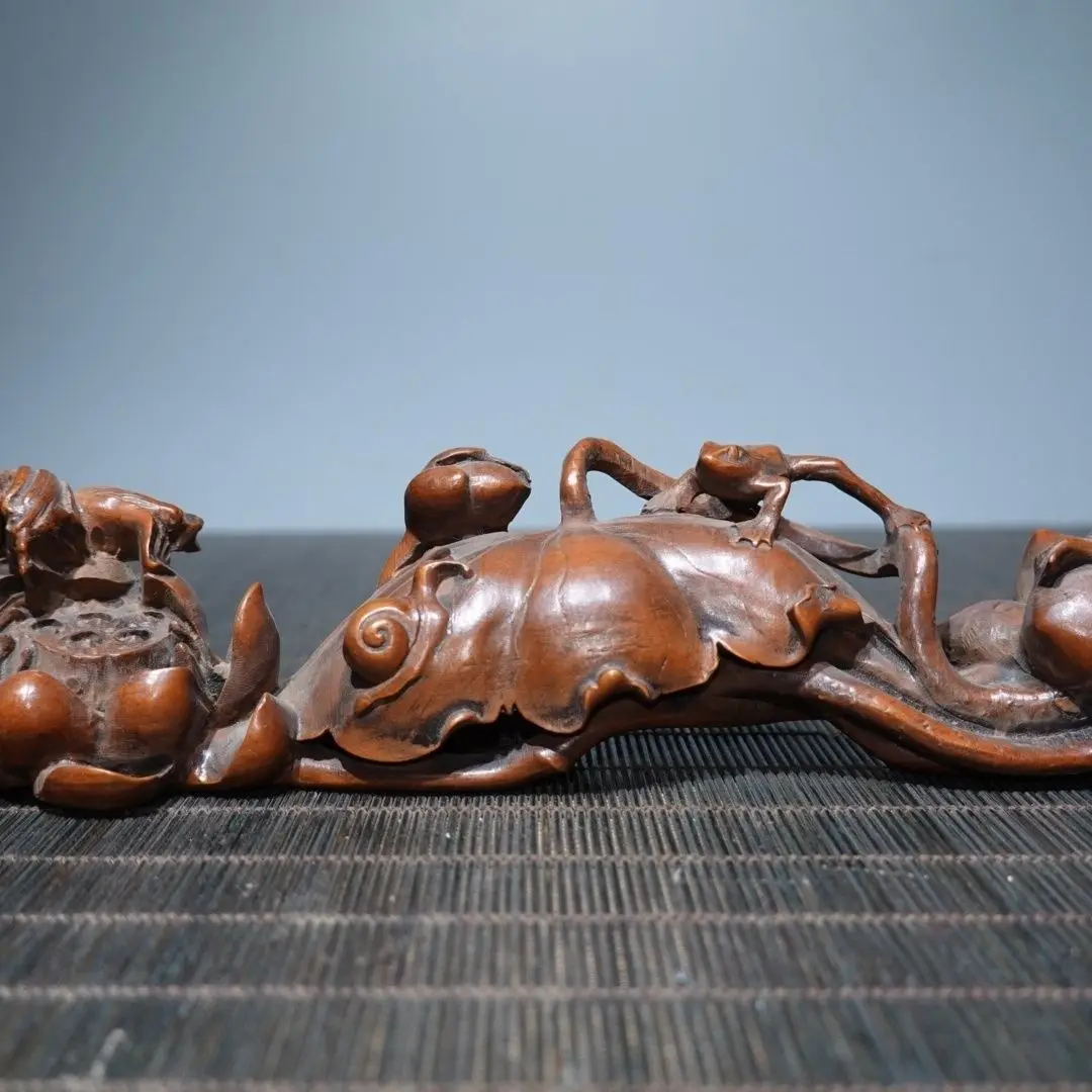Hand Carved Wood Frog snail lotus ruyi Statue Figurine Desktop Ornaments Home Decoration