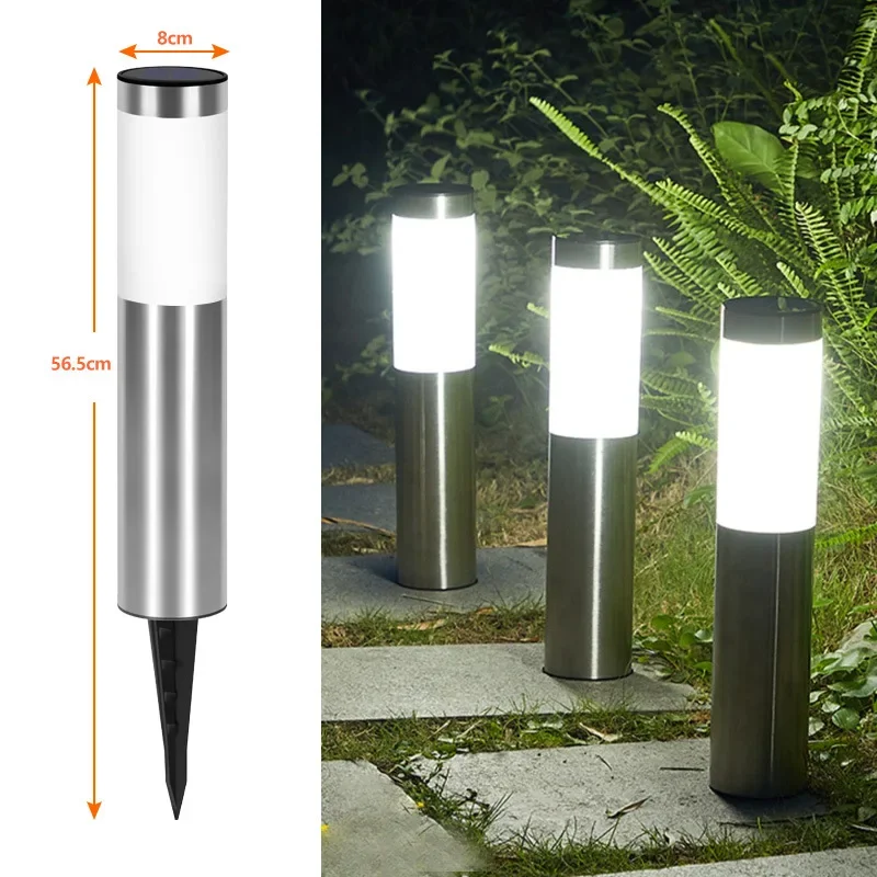 Solar Stainless Steel 3led Cylinder Lawn Lamp Outdoor Waterproof Wiring-Free Light Auto Sensor Garden Villa Ground Lamp