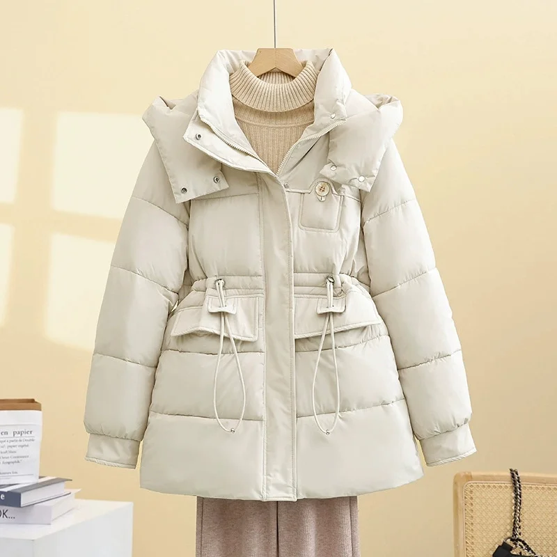 

Female Cotton-padded Jacket 2025new Korean Mid Long Thick Sweet College Wind Waist Hooded Cotton Jacket Coat Women Winter Jacket