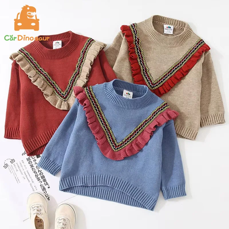 

Осень Зима Весна 2, 3, 4, 6, 8, 10, 12 лет Детский вязаный пуловер с круглым вырезом, хлопковый лоскутный детский свитер с оборками для маленьких девочек