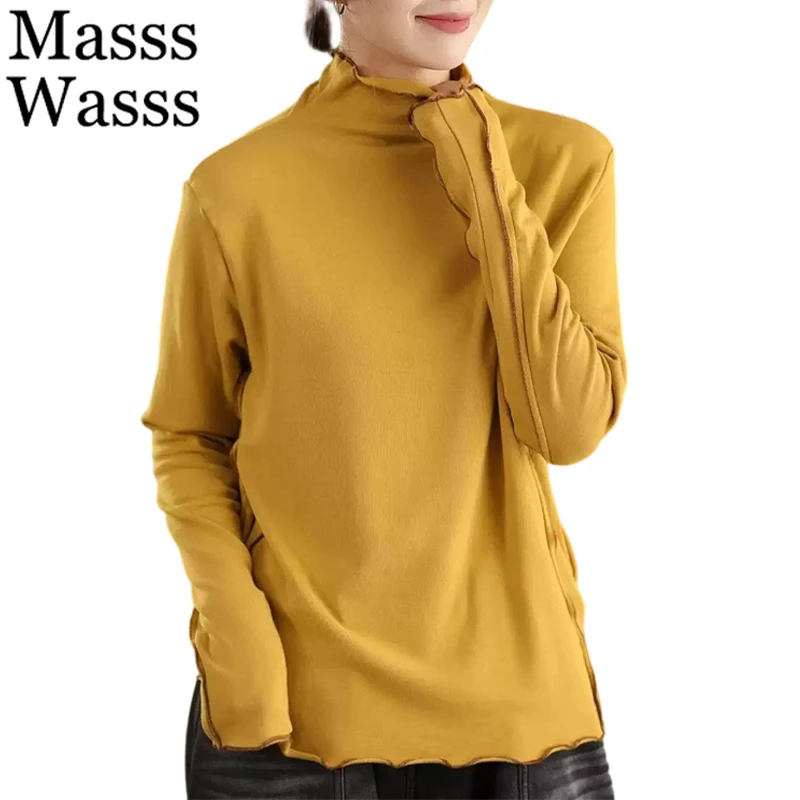 

Masss Wasss 2025 Korean Winter Casual Clothes Women Fashion Turtleneck Cotton Tee Shirts Ladies Classic Loose Vintage Solid Tops