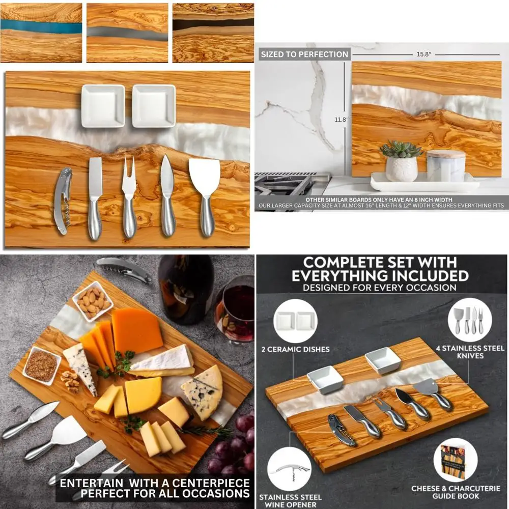 

Итальянский набор досок для сыра и древесных изделий из оливкового дерева с рисунком из белой жемчужной смолы — включает 4 сервировочных принадлежности